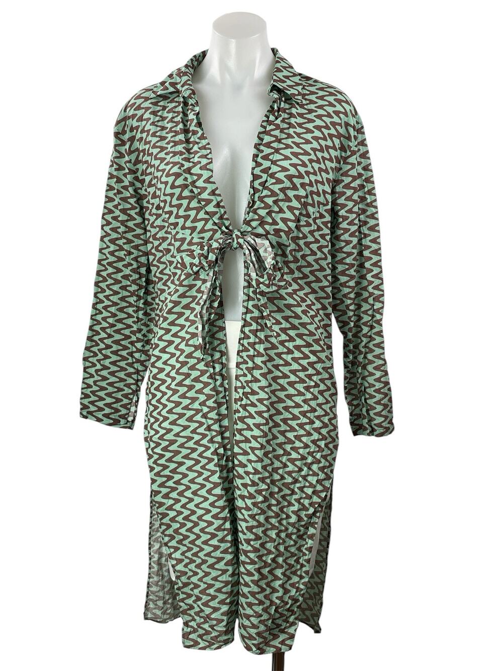 Zara Green Brown Geometric Chevron Tie Slit Midi Cover Up Shirt Dress Size S